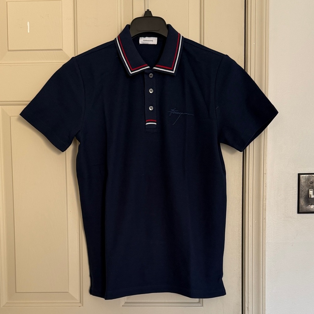 Salvatore Ferragamo Dark Blue Polo with Red and White Accents